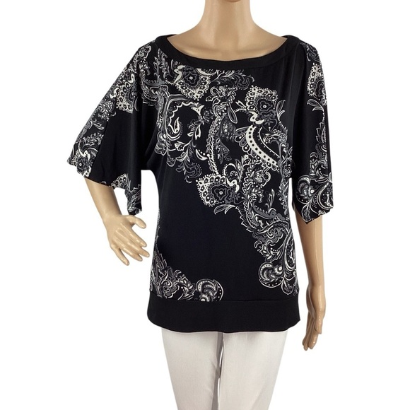 White House Black Market Paisley Print Top Black White Small - Picture 1 of 7
